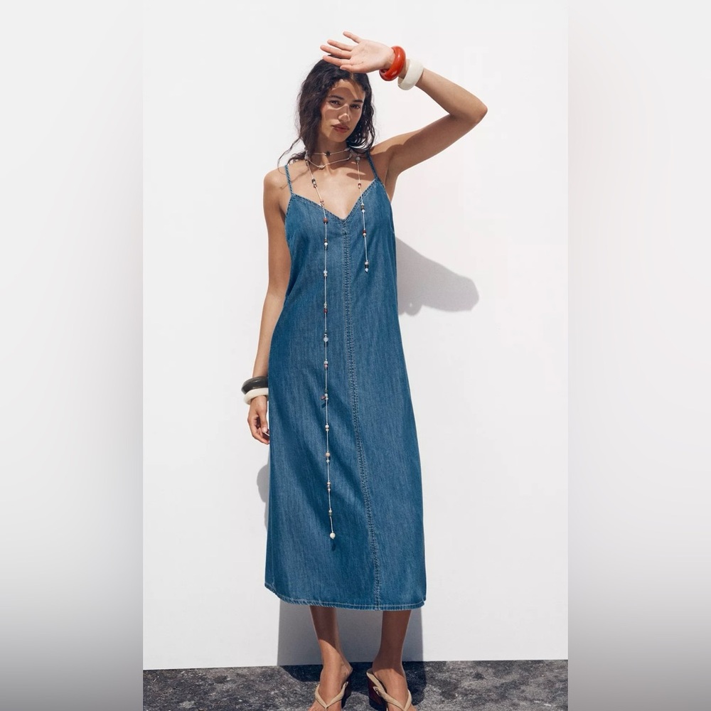 Zara Denim Strappy Midi Dress NWT